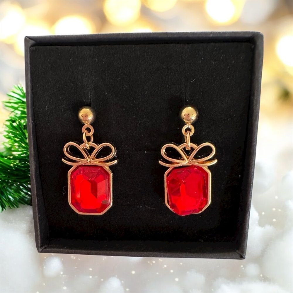 Elegant Gold and Red Bow Earrings